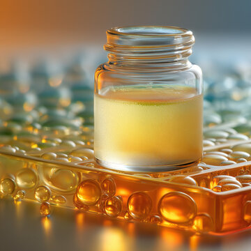 Vasetto di siero con condensa su piastra di vetro a bolle, riflessi lucidi e gradient caldo-freddo. Still life macro per skincare avanzata e comunicazione premium.