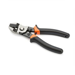 Obraz premium A pair of metal wire cutters with orange handles sits against a plain white background.