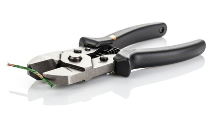 Fototapeta premium A pair of wire cutters with a piece of green wire is centrally presented on a bright white background.