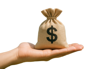 Hand Holding a Small Burlap Money Bag with a Dollar Sign on a White Background graphic design isolated on a transparent background