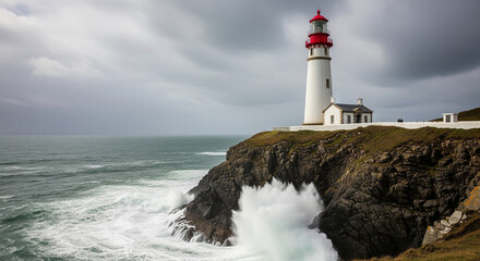 A beautiful lighthouse on a stormy coast
A dramatic shot of a white lighthouse with a red top, standing on a rugged cliff overlooking the sea