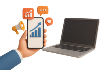 Hand holding smartphone with marketing icons and laptop on white background mobile isolated on a transparent background