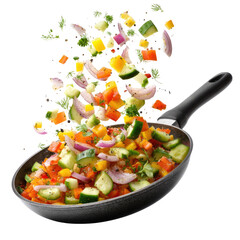 Fresh Chopped Vegetables Mix Flying in a Pan on transparent background