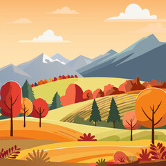 Forest Road in the autumn. Colored vector background of autumn landscape panorama with mountains, fields and trees.