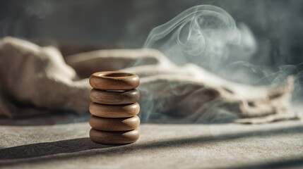 Abstract composition of wooden rings stacked on a surface with smoke in the background in a low key studio shot