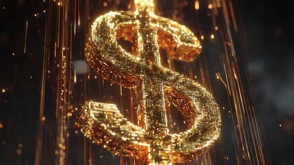 Shiny golden dollar sign rotates slowly against a dark background of flowing digital particles and bokeh, symbolizing wealth, modern finance, investment and digital economy in loopable motion - Powered by Adobe