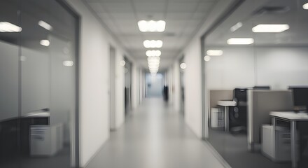Fototapeta premium blurred office hallway background, empty business office corridor, modern office hallway interior, corporate corridor with glass walls