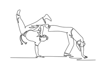 Single continuous line drawing two people in complex Capoeira routine, one balancing on their hands while the other holds a low, fluid stance. Dynamic one line draw graphic design vector illustration