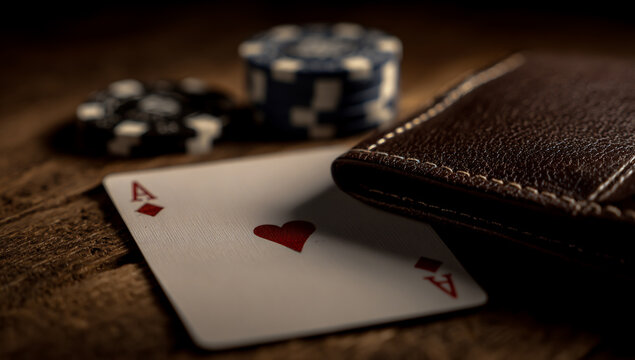 Ace of hearts playing card with poker chips and leather wallet on wooden table