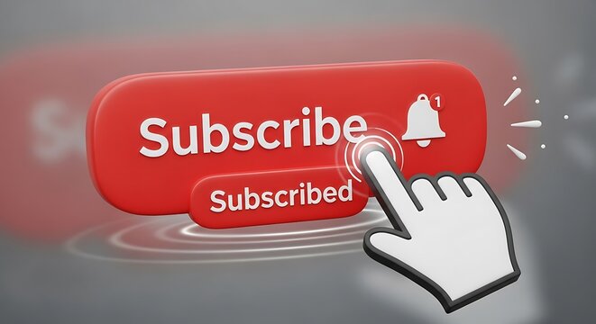 A modern, 3D illustration of a red subscribe button being pressed with a white cursor hand, highlighting a notification bell icon.