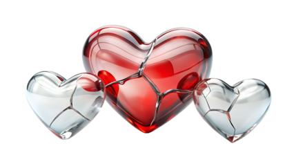 Three glass hearts one red two clear isolated on a transparent background broken