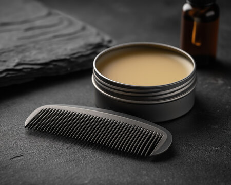 Barbalm in latta con pettine su ardesia nera, look maschile minimal. Still life per barber shop, cera capelli e grooming uomo. - Powered by Adobe