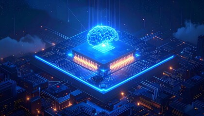 A stylized, futuristic digital rendering of a brain atop a glowing circuit board, symbolizing artificial intelligence and technological innovation