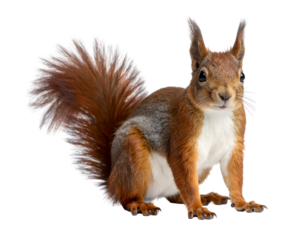 A lively squirrel with a bushy tail sits upright, showcasing its vibrant fur and inquisitive expression in nature.