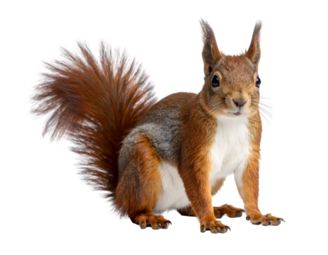 A lively squirrel with a bushy tail sits upright, showcasing its vibrant fur and inquisitive expression in nature.