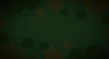 Dark green background with orange and green pumpkin silhouettes around