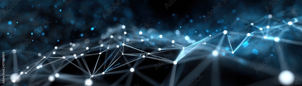 Poster a futuristic abstract design featuring interconnected nodes and a glowing blue background, represent