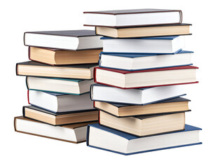 A neatly arranged stack of various books showcasing their colorful spines and diverse sizes on a plain background.