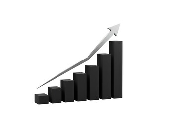 Black bar graph with upward trending arrow isolated on transparent background