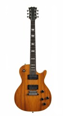 Obraz premium A light brown wooden electric guitar with a dark metal neck and hardware stands out against a plain white backdrop.