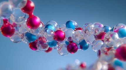 Abstract image of iridescent spheres pink blue and clear bubbles against a blue background