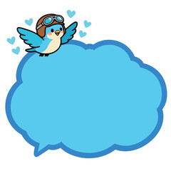 An adorable cartoon blue bird with a pilot's hat on a speech bubble, surrounded by hearts, perfect for travel, freedom, and love-related themes.