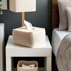 Handmade crochet tissue holder placed in a bedroom, adding cozy, decorative charm and functional handmade detail to the sleeping room.
