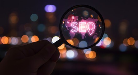 Magnifying Glass Over World Map Showing SEO Neon Sign and Location Pins