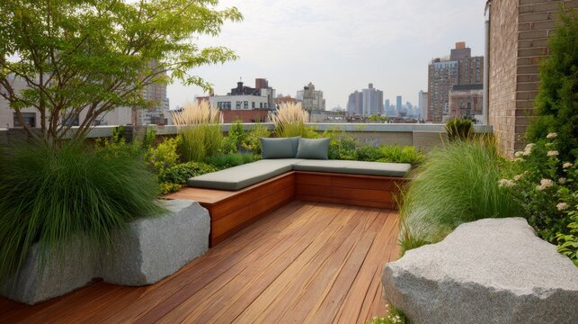 Rooftop garden with built in bench city view and ornamental grasses Builtin bench