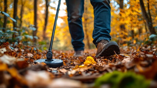 Person using metal detector in autumn forest leaves
