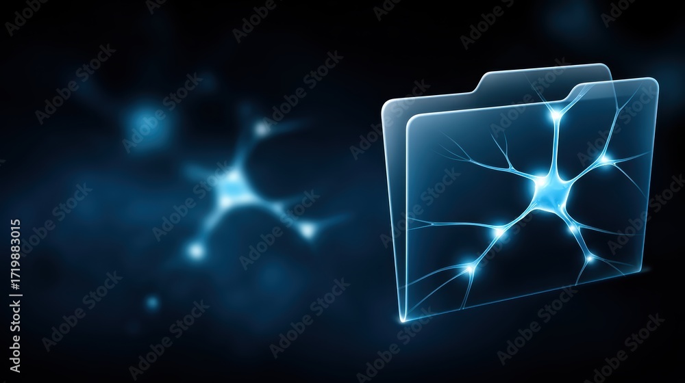 Poster a digital representation of a folder with glowing neural connections, set against a dark blue backgr
