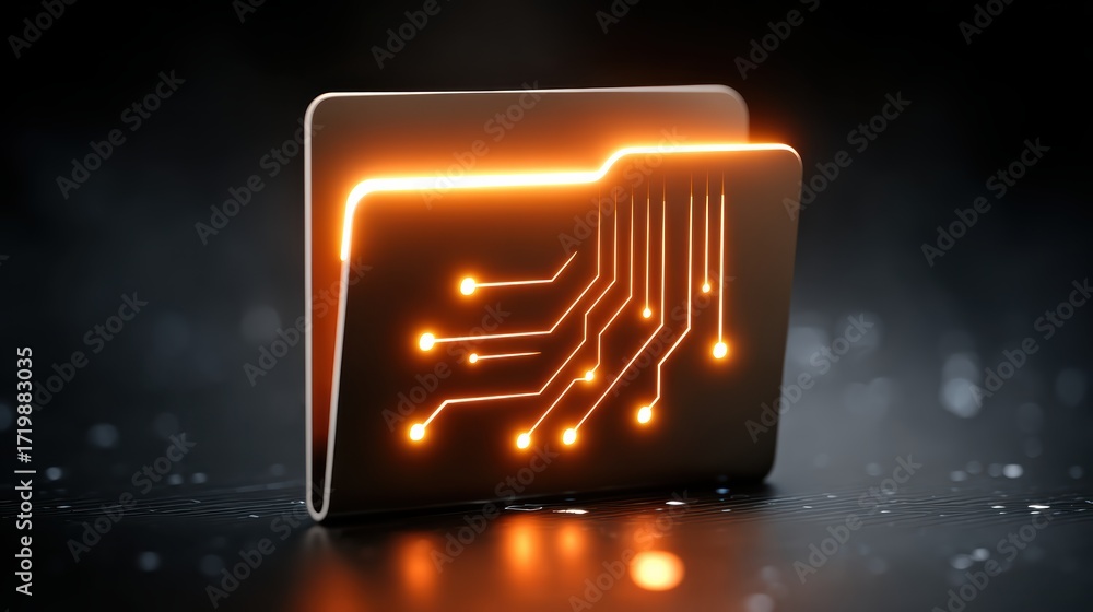 Poster a futuristic digital folder with glowing circuit patterns, set against a dark background, symbolizin