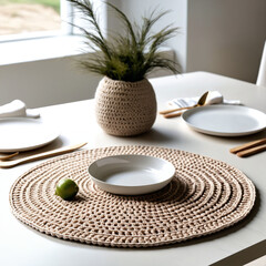 Handmade crochet table mat under table items, adding cozy, stylish, and decorative charm to home interiors and tabletops.