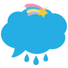 A full blue speech bubble with a rainbow, shooting star, and raindrops on a white background.