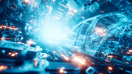 Futuristic cybernetic cityscape with glowing blue structures and advanced technology networks