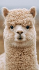 Close up portrait of a fluffy alpaca with thick wool, showcasing its expressive eyes and soft texture, set against a natural, blurred background, highlighting its gentle demeanor