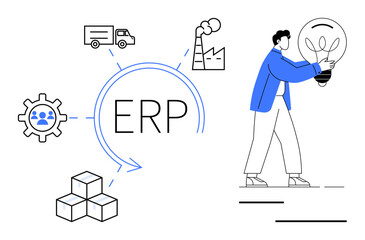 ERP concept with gear, truck, factory, and product icons, man holding a light bulb. Ideal for business strategy, logistics, supply chain, innovation manufacturing team management simple flat