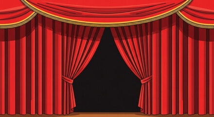 A vibrant red stage curtain with golden tassels, partially open to reveal a dark background, creating a dramatic and theatrical atmosphere for performance