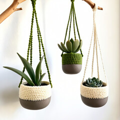 Bi-colored handmade crochet cactus plant holder, adding cozy, stylish charm and a creative touch to indoor greenery and home decor.
