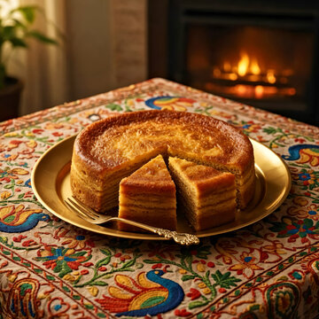 Traditional Goan dessert Bebinca. Warm Slice of Madeira Cake on Ornate Tablecloth by the Fireplace