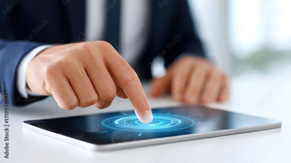 Aufkleber a hand interacts with a touchscreen tablet, showcasing a digital interface with futuristic graphics 