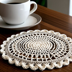 Handmade crochet coaster with a coffee cup on a table, showcasing cozy, stylish, and functional handmade decor for home interiors.