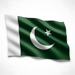 A digitally rendered image of the Pakistani flag, displaying the iconic crescent moon and star, gracefully rippling in the wind.