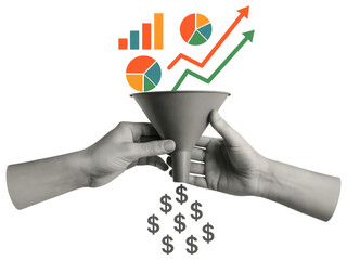 Hands holding funnel with financial charts and dollar signs falling out business finance isolated on a transparent background
