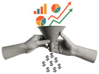 Hands holding funnel with financial charts and dollar signs falling out business finance isolated on a transparent background