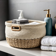 Handmade crochet towel holder in a bathroom, adding cozy, decorative, and functional charm to home interiors.