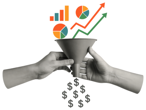 Hands holding funnel with financial charts and dollar signs falling out business finance isolated on a transparent background