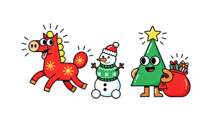 Fototapeta premium Festive Cartoon Characters: Horse, Snowman, and Christmas Tree with Gifts. Christmas or New Year concept