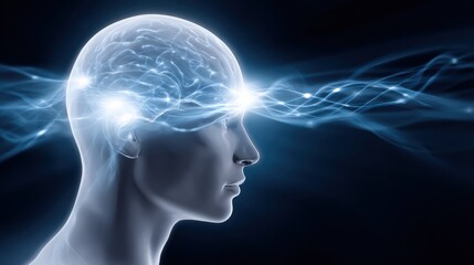 A futuristic depiction of a human head with brainwaves and energy flowing, symbolizing thought, intellect, and consciousness.