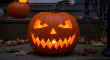 Spooky Carved Halloween Pumpkin with Illuminated Face on Porch